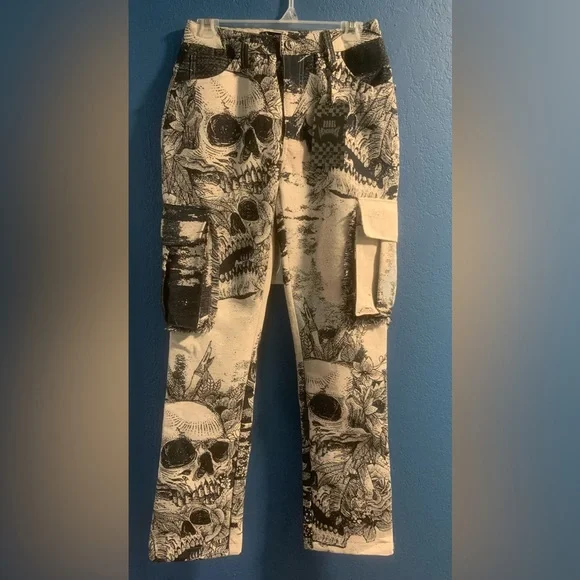 NWT Rebel Vengeance Men's Tapestry Skull Cargo Pants Skeleton Fringe Goth 28